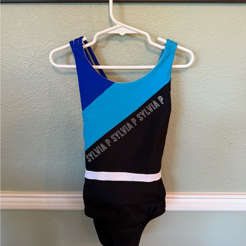 Sylvia P Blue and Black Gymnastics Leotard